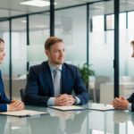 Redundancy consultation meeting between one employee and two HR professionals in a modern office in Egland.