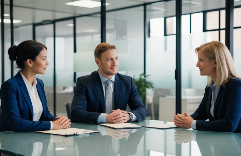 Redundancy consultation meeting between one employee and two HR professionals in a modern office in Egland.