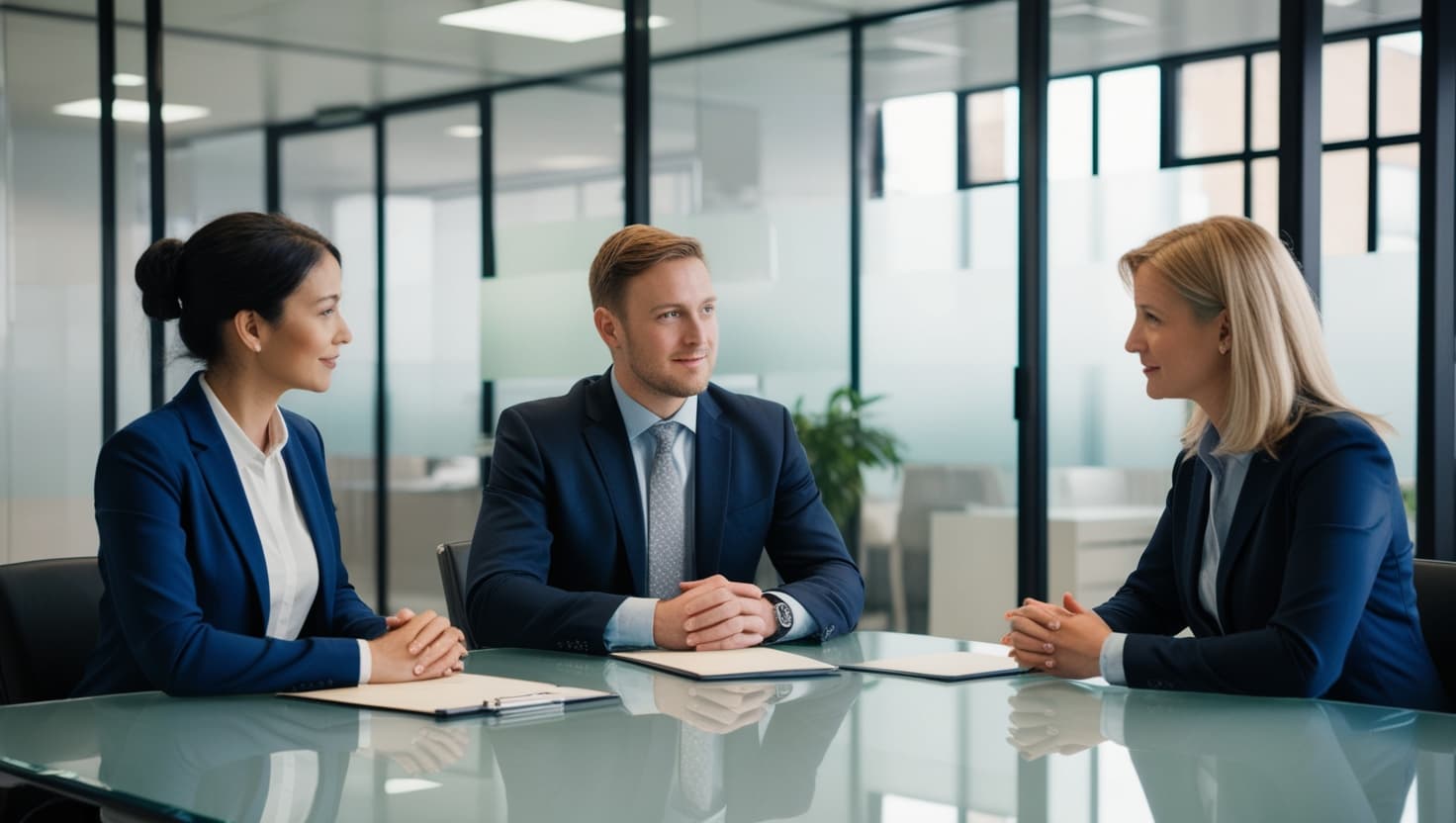 Redundancy consultation meeting between one employee and two HR professionals in a modern office in Egland.